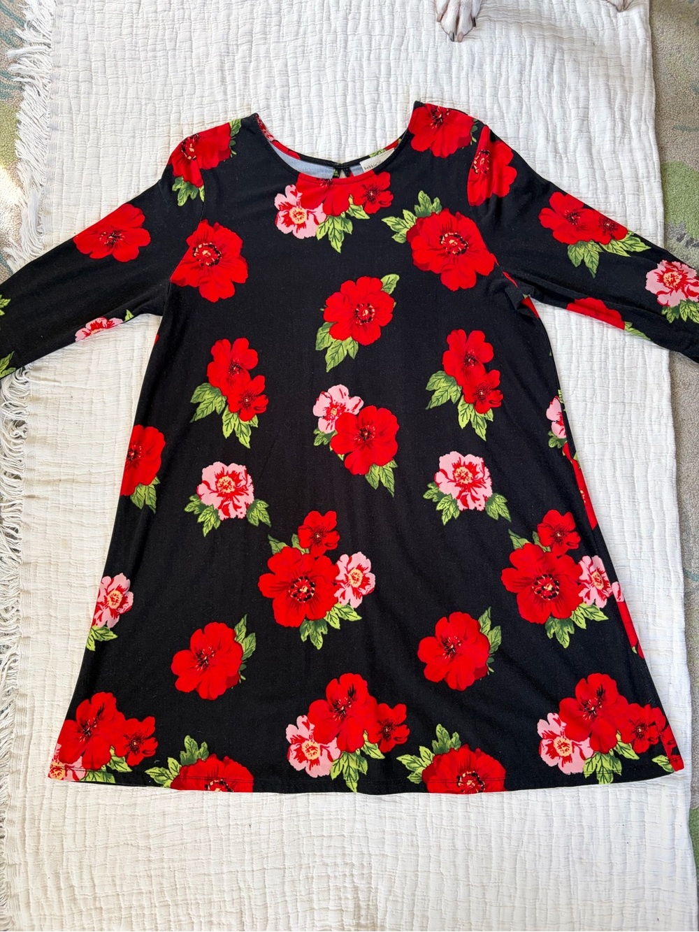 Bobbie Brooks Black Midi Dress with Red & Pink Floral Print